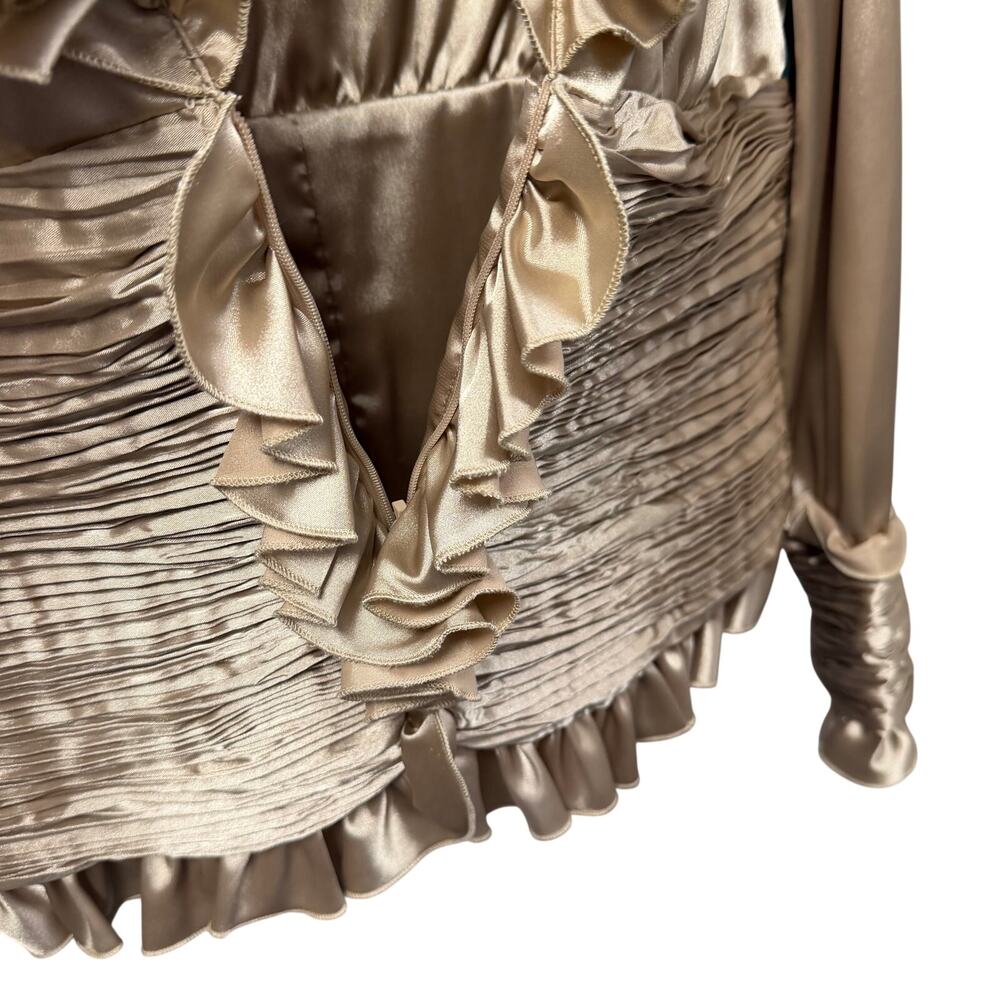 Samuel Dong Champagne Beige Ruffle Textured Satin Zip Up Top Womens Medium - Picture 3 of 7